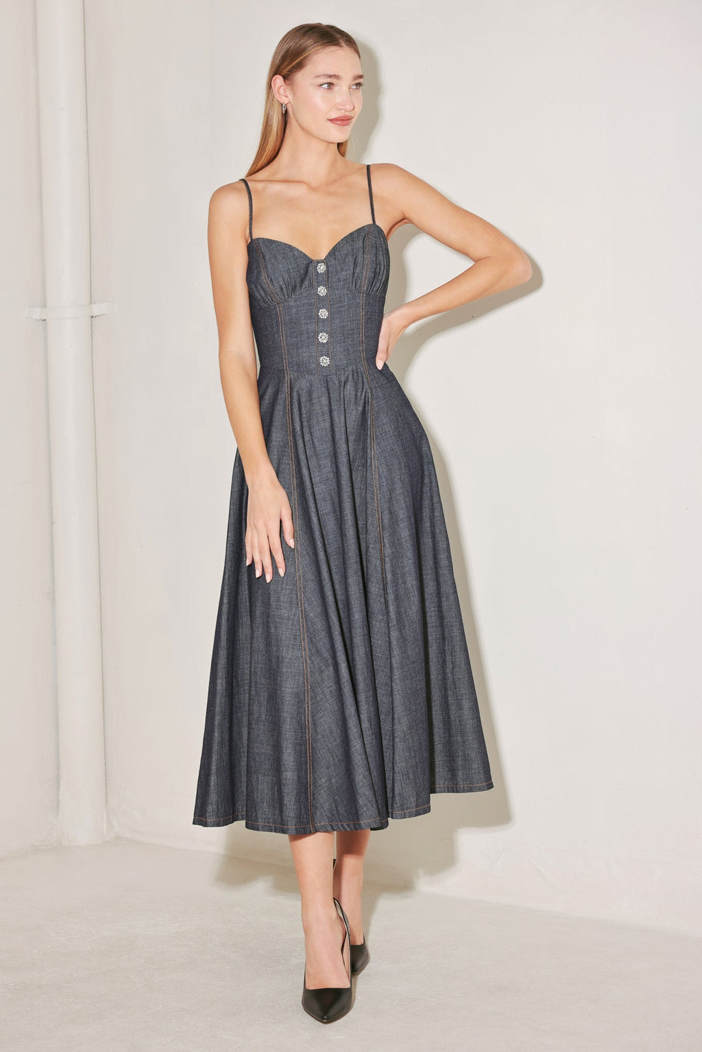 AFTER HOURS SERENADE DENIM MIDI DRESS