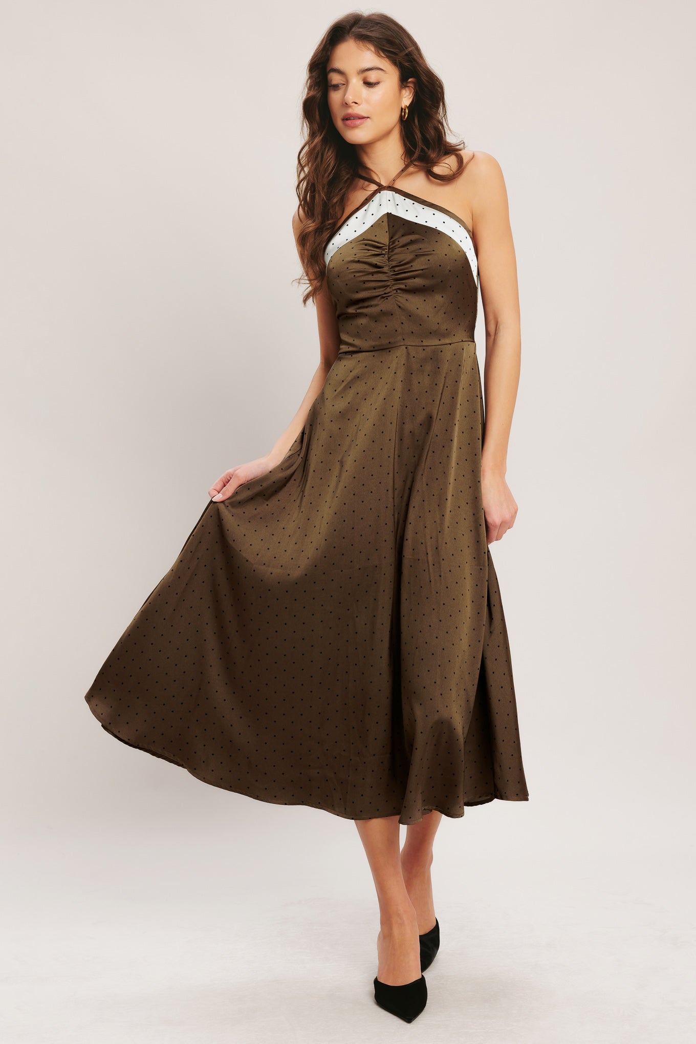 ESPRESSO CHIC WOVEN SATIN MIDI DRESS